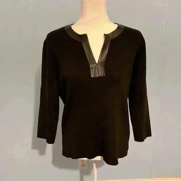 Dana Buchman Women’s Brown Top w/Leather & Merino Wool Size Large - Picture 1 of 11